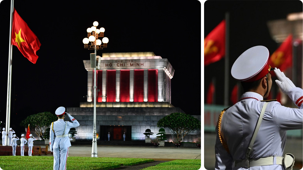 cerimônia de arriamento da bandeira no Mausiléu de Ho Chi Minh